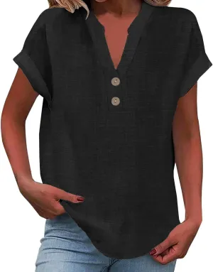 Gauze Shirts for Women Plus Size Linen Short Sleeve Cute Summer Tops Notched V Neck Button Loose Dressy Blouses