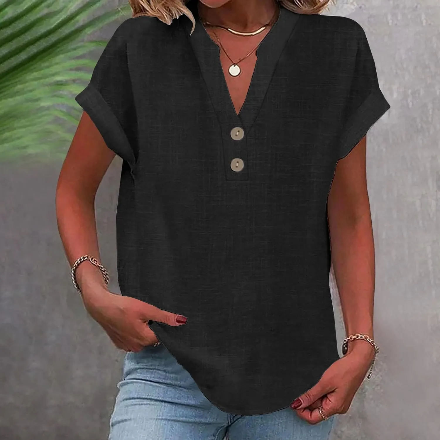 Gauze Shirts for Women Plus Size Linen Short Sleeve Cute Summer Tops Notched V Neck Button Loose Dressy Blouses