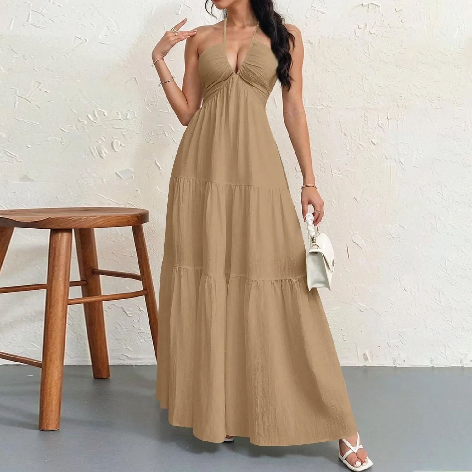 Halter Neck Dresses for Women 2025 Backless Deep V Neck Maxi Sundress a Line Empire Waist Spaghetti Strap Dress