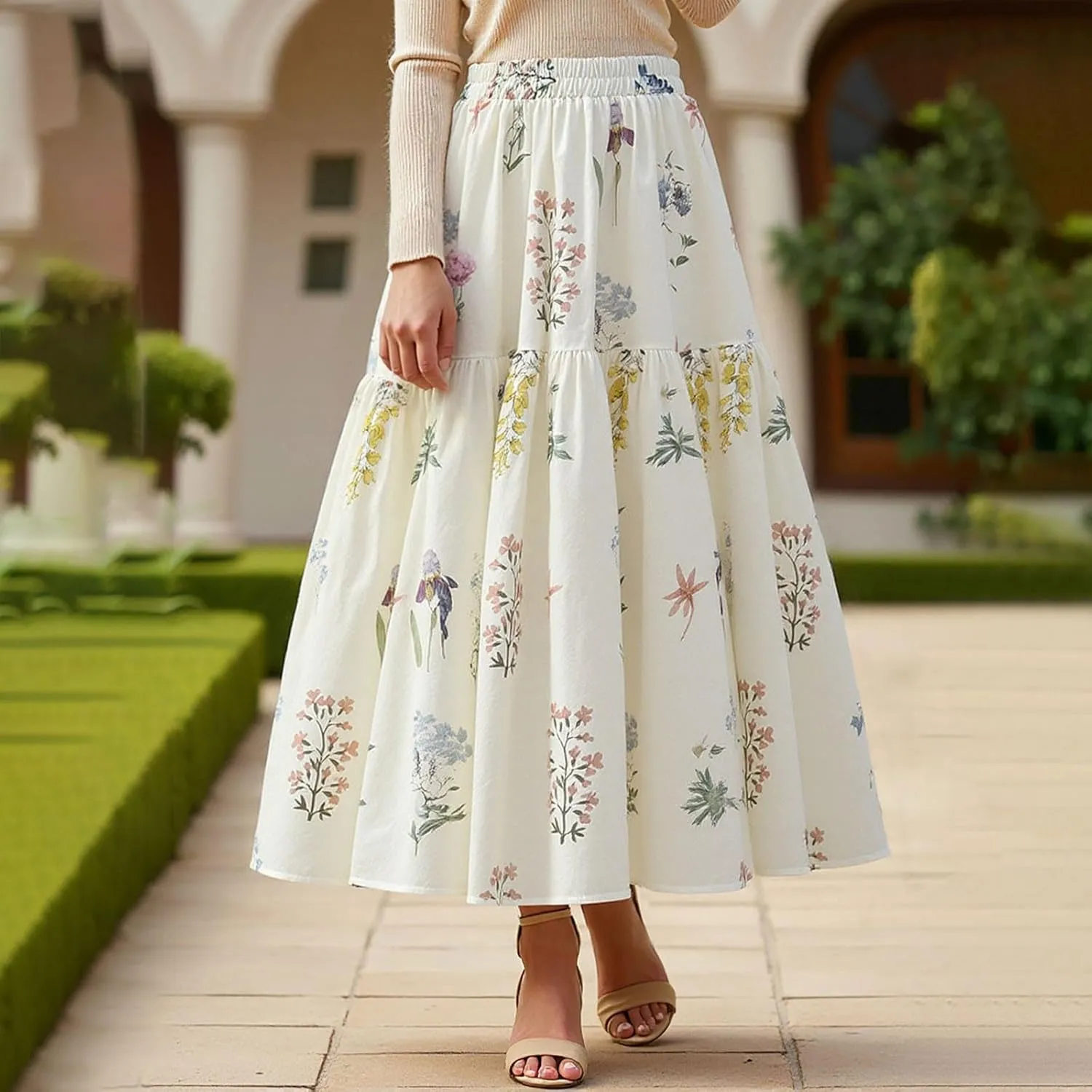 High Waisted Long Skirts for Women Ruffle Tiered Flowy A-Line Floral Skirt Vacation Summer Casual Beach Boho Dress