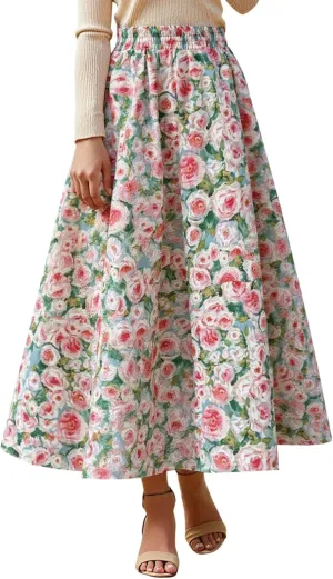 High Waisted Long Skirts for Women Ruffle Tiered Flowy A-Line Floral Skirt Vacation Summer Casual Beach Boho Dress