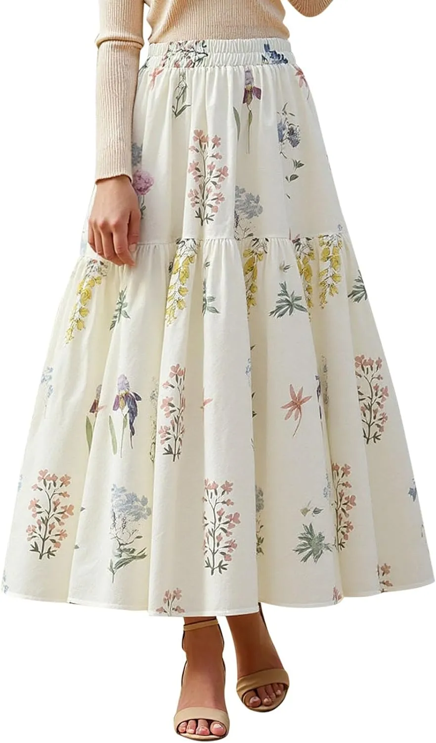High Waisted Long Skirts for Women Ruffle Tiered Flowy A-Line Floral Skirt Vacation Summer Casual Beach Boho Dress