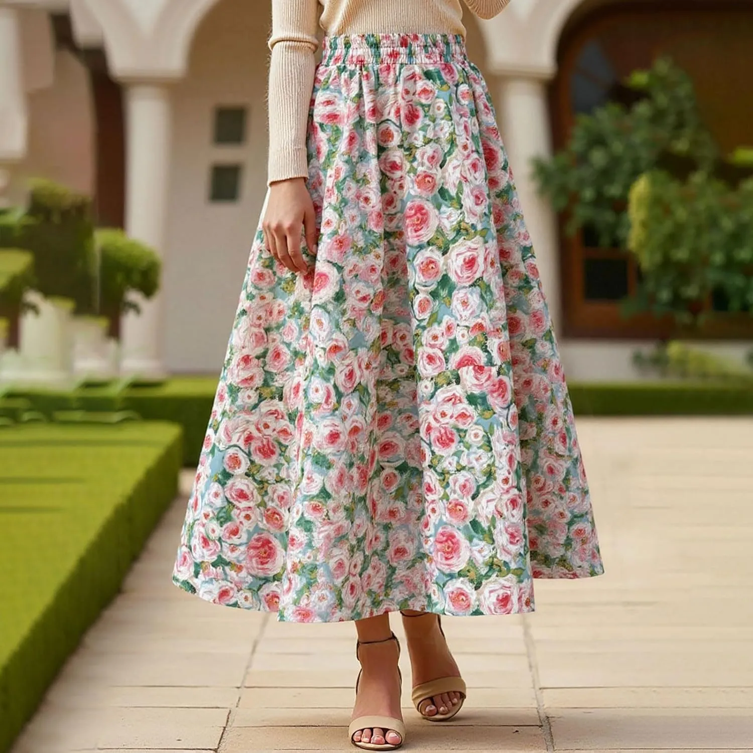 High Waisted Long Skirts for Women Ruffle Tiered Flowy A-Line Floral Skirt Vacation Summer Casual Beach Boho Dress