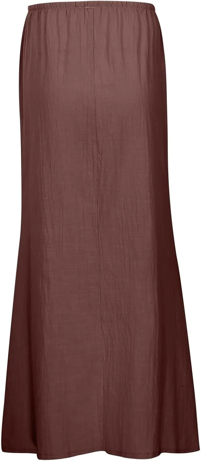 High Waisted Maxi Skirts for Women Summer Casual Boho A Line Long Skirt Cotton Linen Drawstring Waist Beach Skort