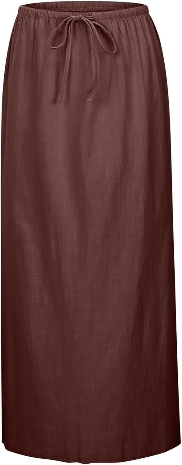 High Waisted Maxi Skirts for Women Summer Casual Boho A Line Long Skirt Cotton Linen Drawstring Waist Beach Skort