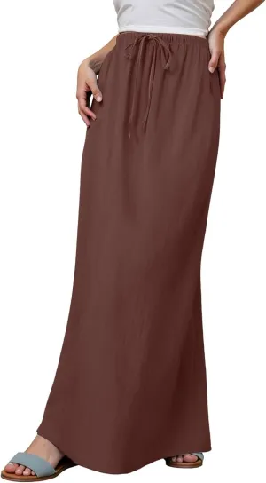 High Waisted Maxi Skirts for Women Summer Casual Boho A Line Long Skirt Cotton Linen Drawstring Waist Beach Skort