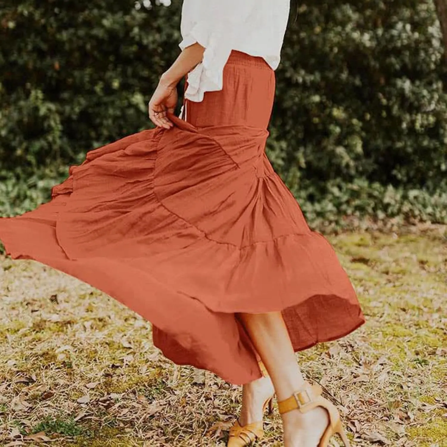 High Waisted Maxi Skirts for Women Trendy Smocked Ruffled Tiered Flowy Linen Skirt Summer Casual Boho Long Skorts