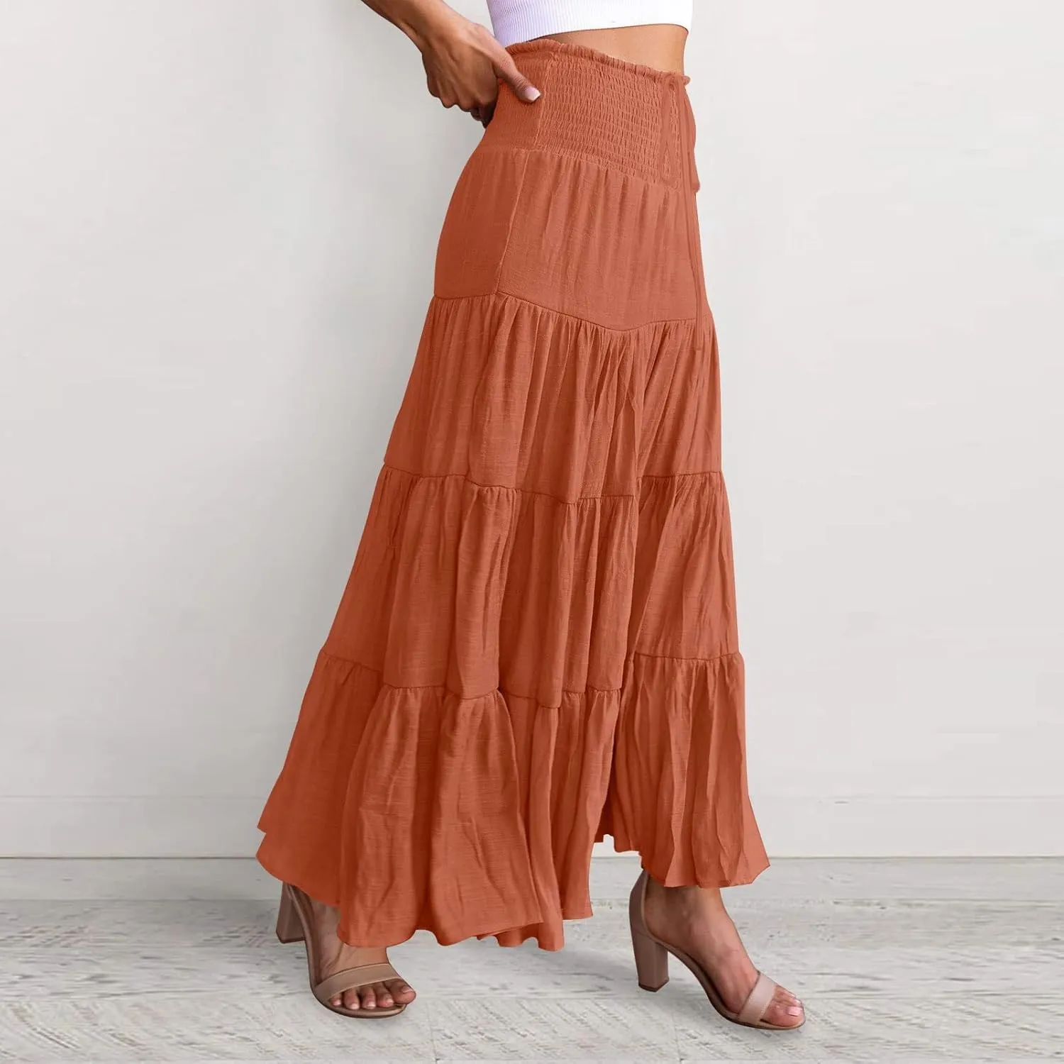 High Waisted Maxi Skirts for Women Trendy Smocked Ruffled Tiered Flowy Linen Skirt Summer Casual Boho Long Skorts