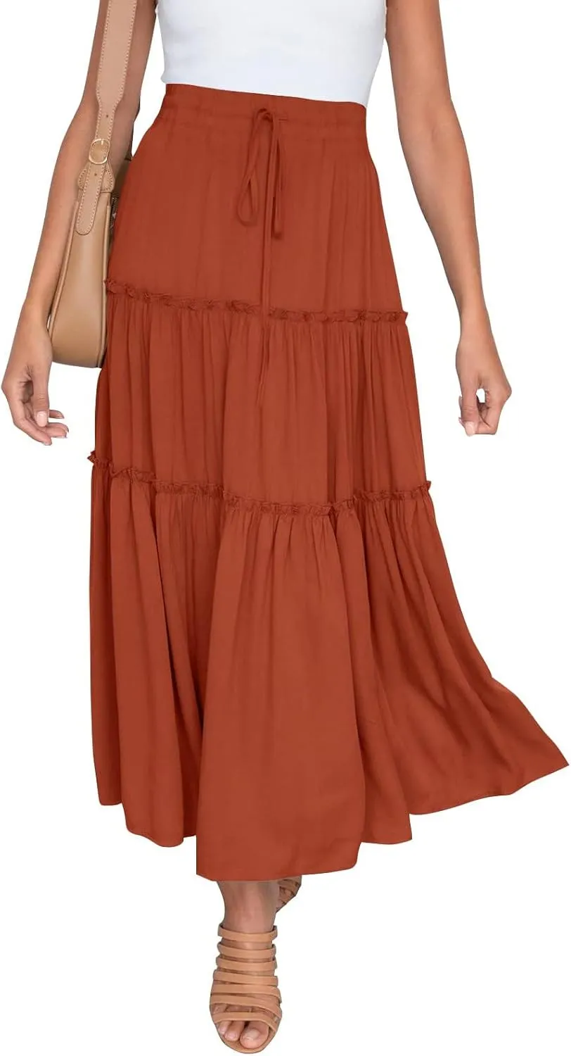 High Waisted Maxi Skirts for Women Trendy Smocked Ruffled Tiered Flowy Linen Skirt Summer Casual Boho Long Skorts
