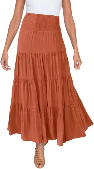 High Waisted Maxi Skirts for Women Trendy Smocked Ruffled Tiered Flowy Linen Skirt Summer Casual Boho Long Skorts