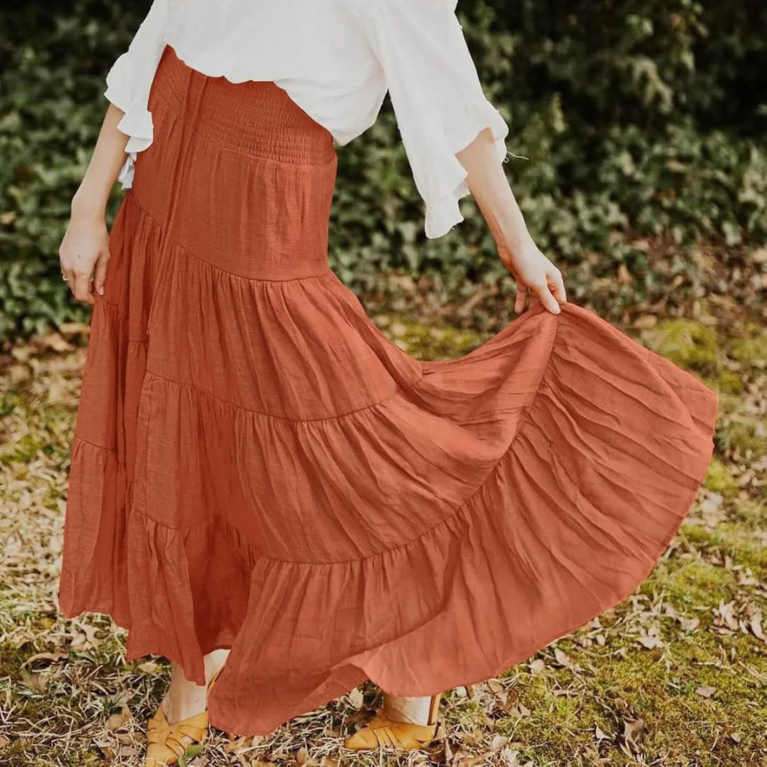 High Waisted Maxi Skirts for Women Trendy Smocked Ruffled Tiered Flowy Linen Skirt Summer Casual Boho Long Skorts