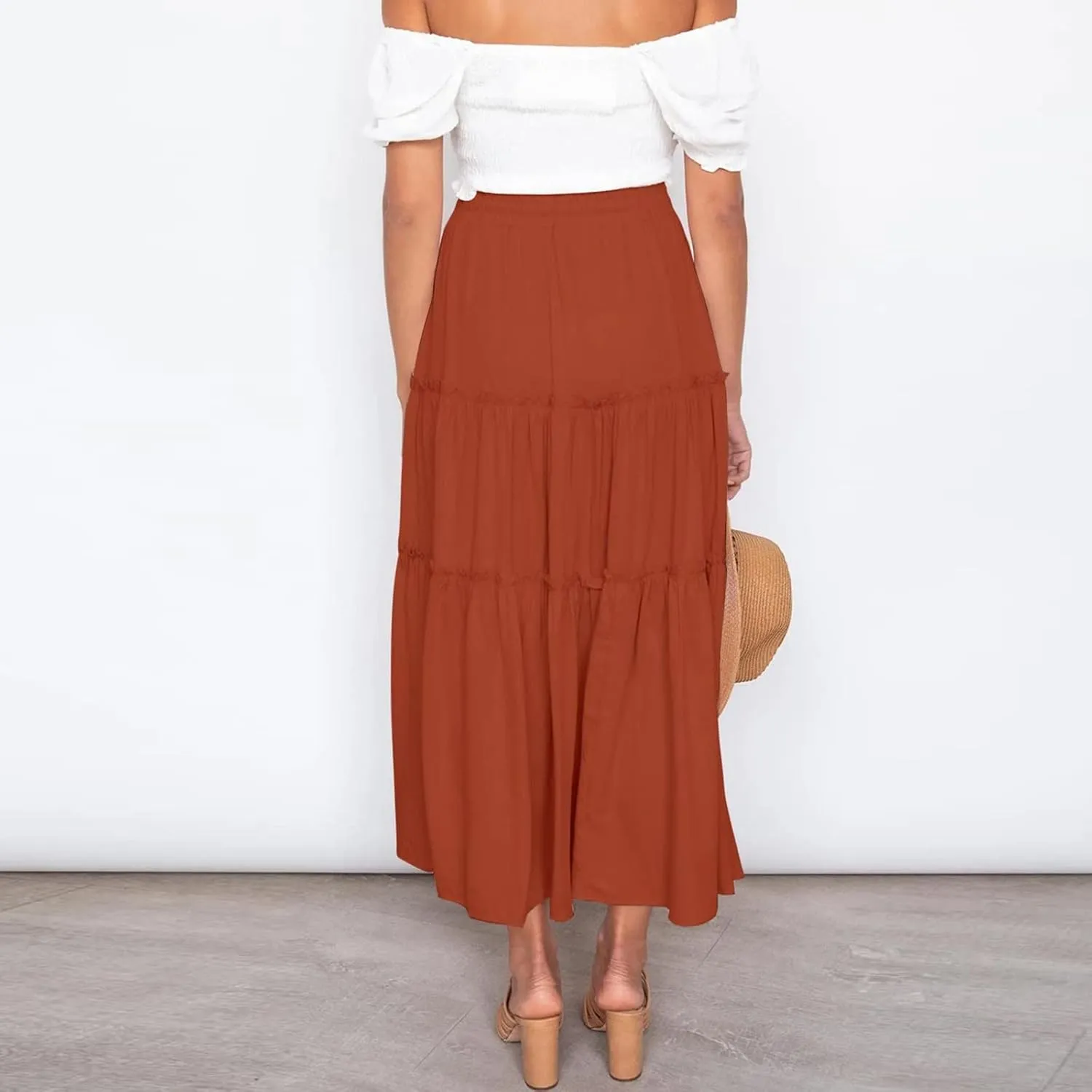 High Waisted Maxi Skirts for Women Trendy Smocked Ruffled Tiered Flowy Linen Skirt Summer Casual Boho Long Skorts