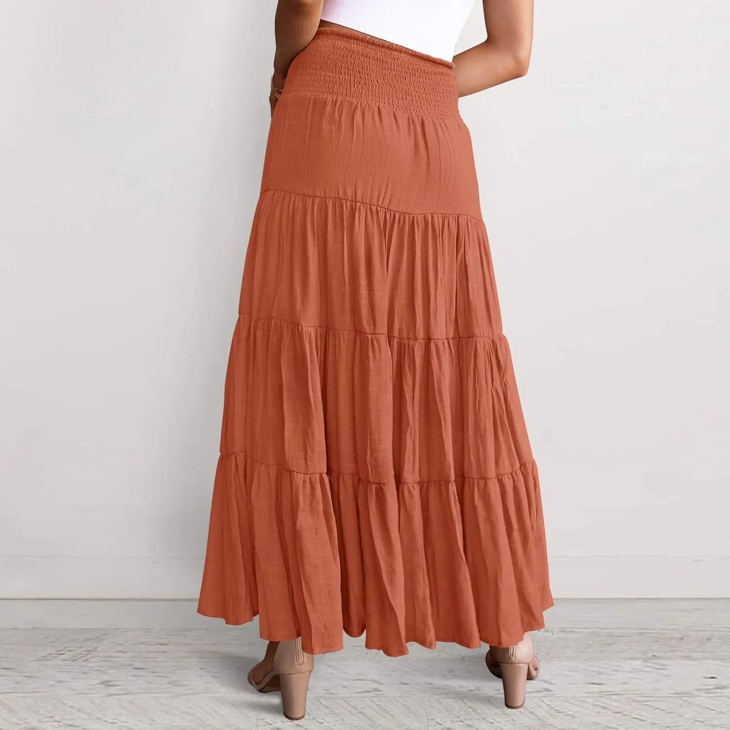 High Waisted Maxi Skirts for Women Trendy Smocked Ruffled Tiered Flowy Linen Skirt Summer Casual Boho Long Skorts