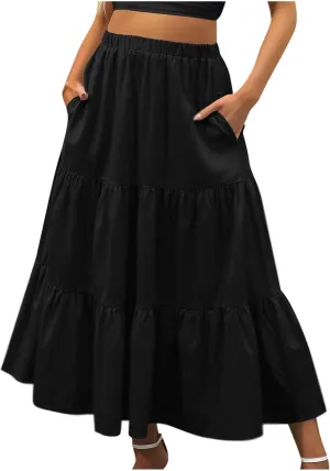 hlysgo Long Skirts for Women Casual Ruffle Tiered Skirts Trendy Boho Solid Flowy Swing Maxi Skirt with Pockets