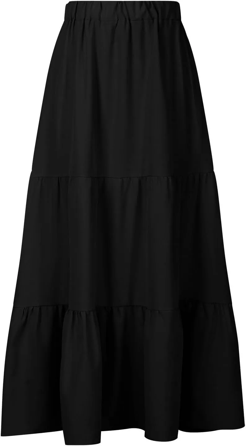 hlysgo Long Skirts for Women Casual Ruffle Tiered Skirts Trendy Boho Solid Flowy Swing Maxi Skirt with Pockets