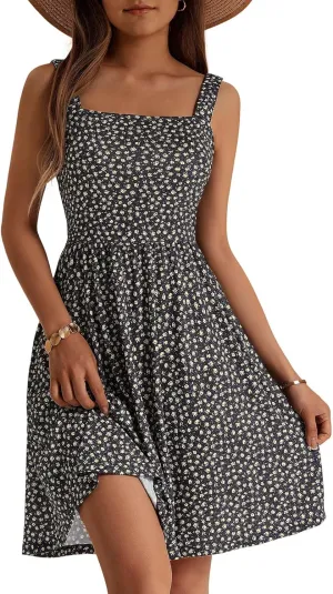HUHOT Women's Summer Casual Square Neck Dress with Pocket Cute Sleeveless High Waist A-line Sundress Midi Dresses