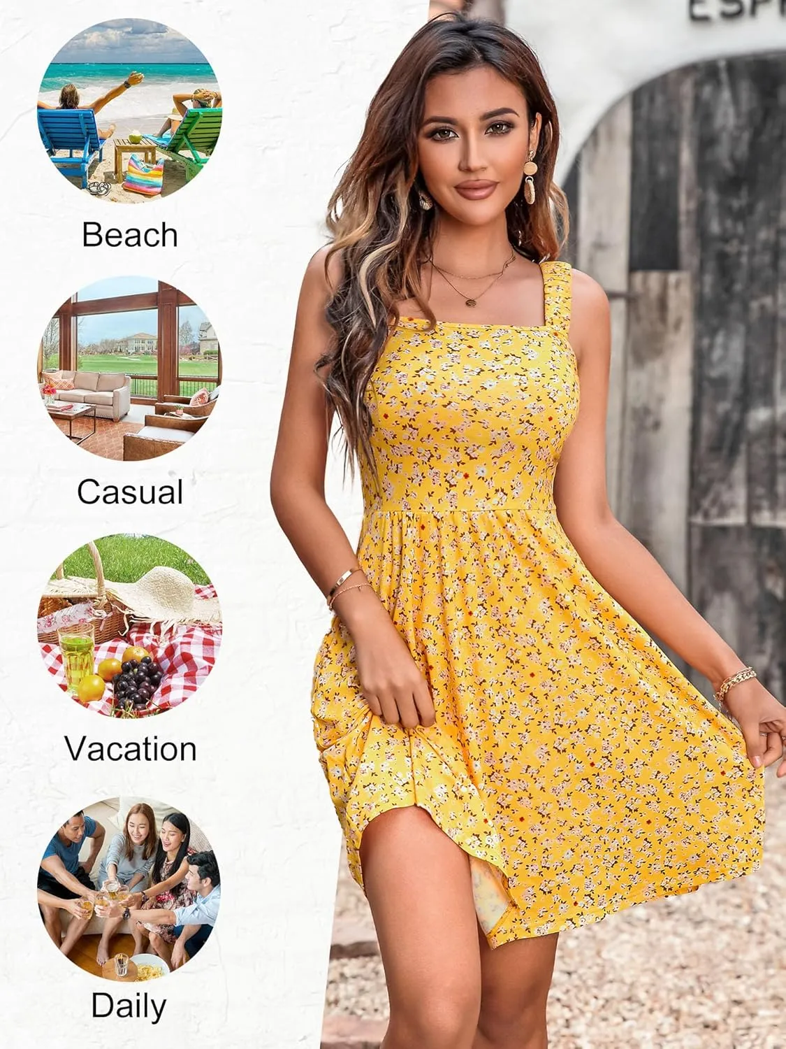 HUHOT Women's Summer Casual Square Neck Dress with Pocket Cute Sleeveless High Waist A-line Sundress Midi Dresses