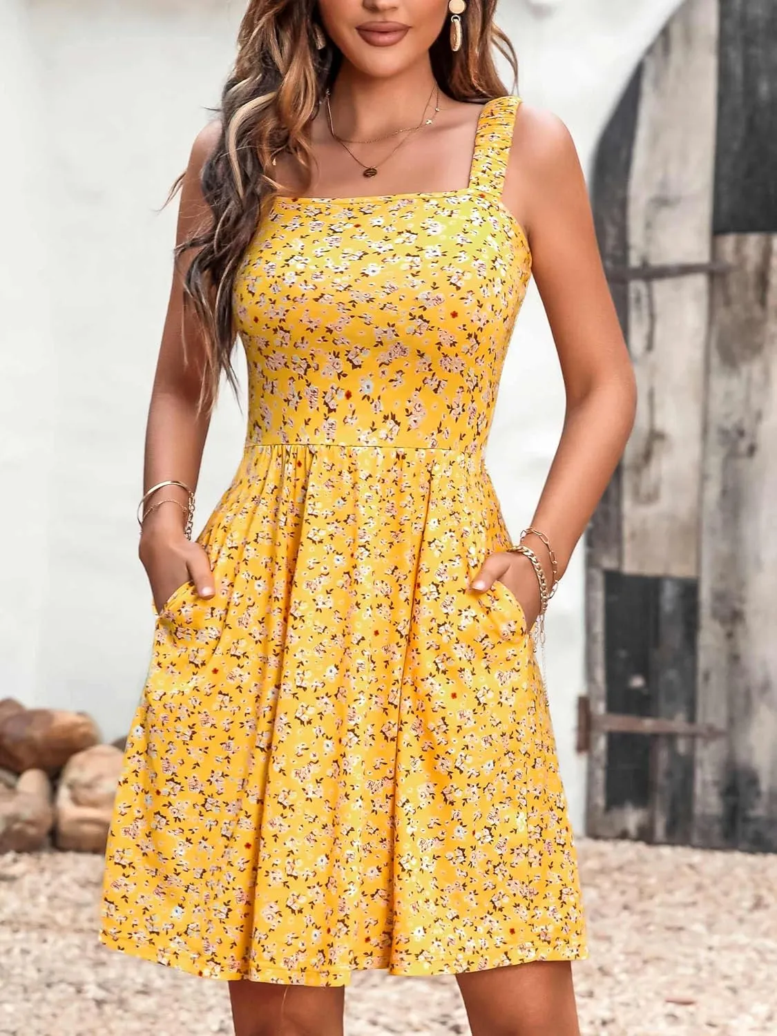 HUHOT Women's Summer Casual Square Neck Dress with Pocket Cute Sleeveless High Waist A-line Sundress Midi Dresses