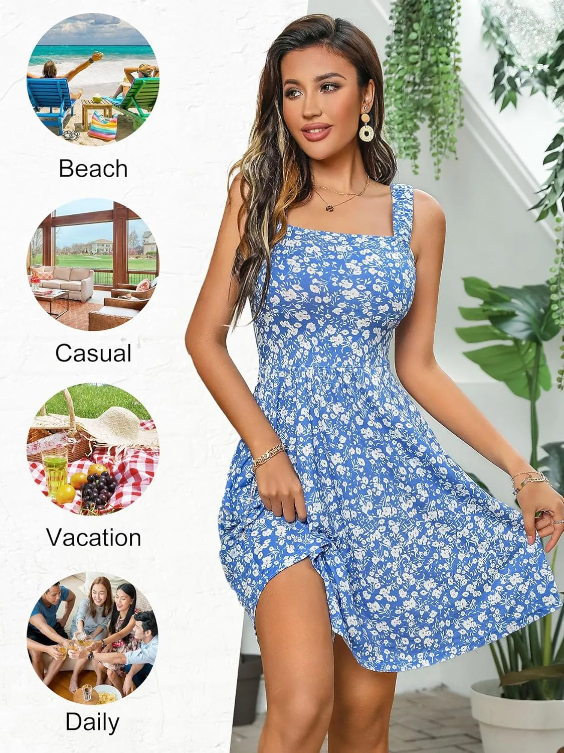 HUHOT Women's Summer Casual Square Neck Dress with Pocket Cute Sleeveless High Waist A-line Sundress Midi Dresses