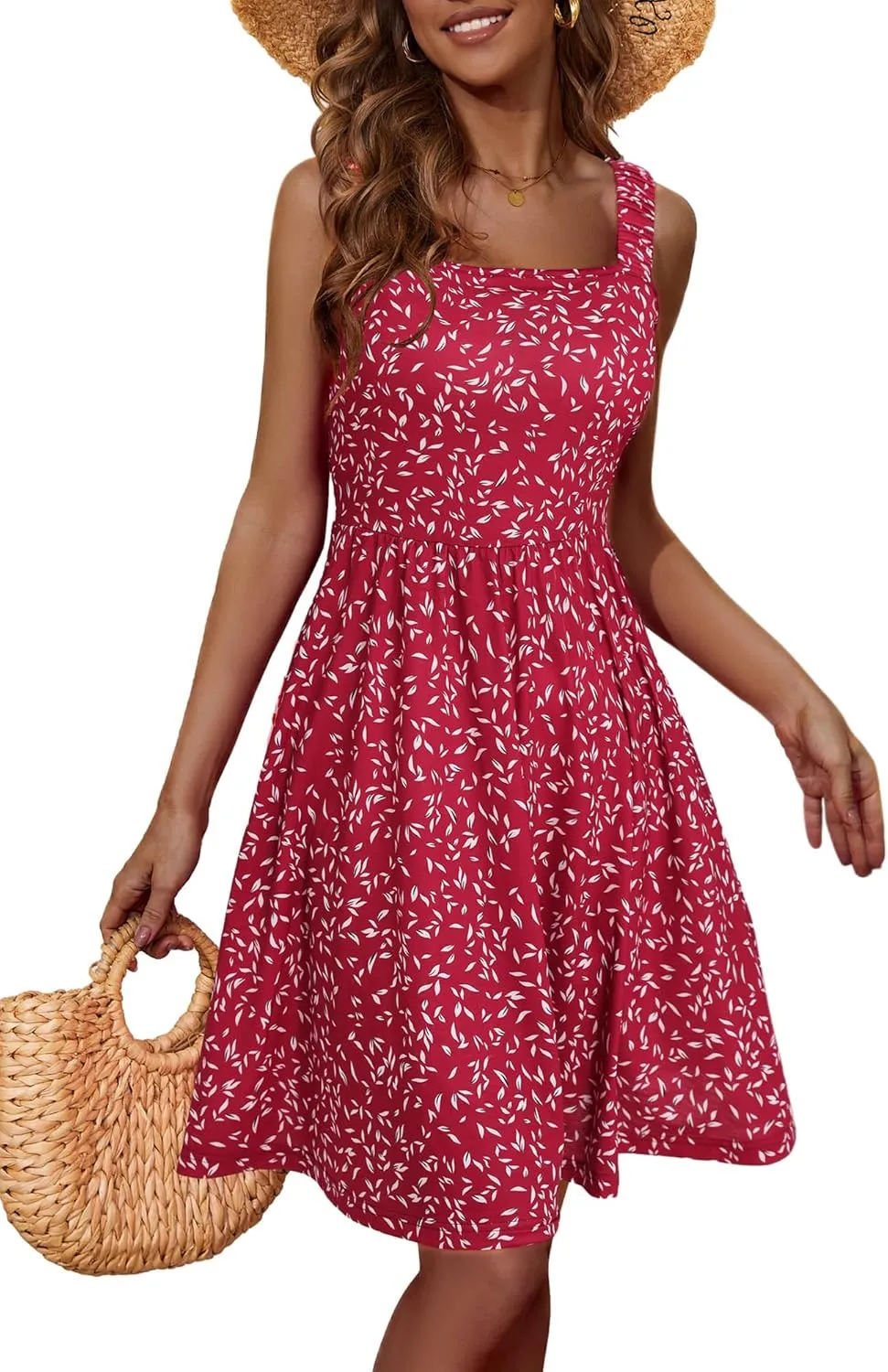 HUHOT Women's Summer Casual Square Neck Dress with Pocket Cute Sleeveless High Waist A-line Sundress Midi Dresses