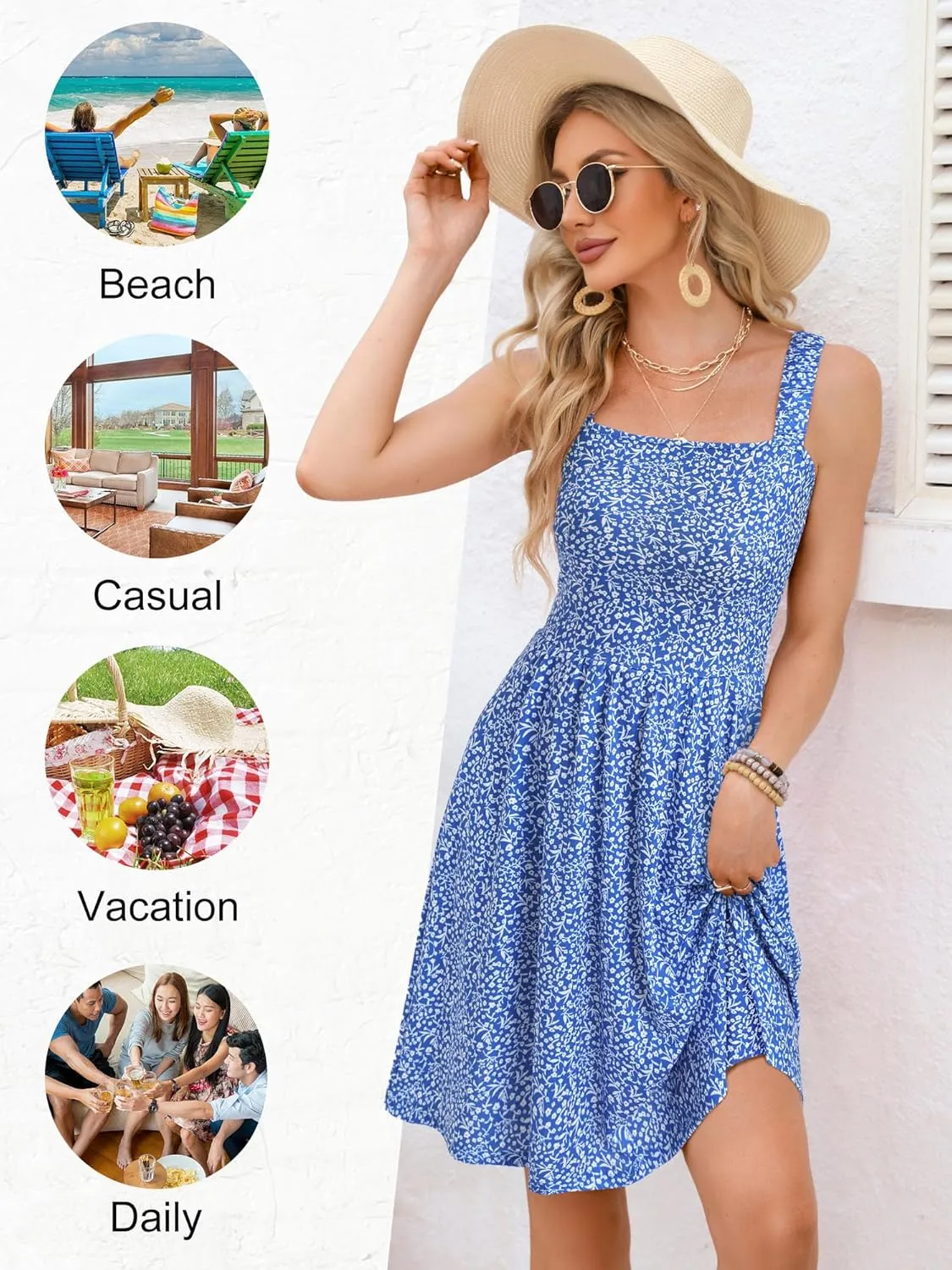 HUHOT Women's Summer Casual Square Neck Dress with Pocket Cute Sleeveless High Waist A-line Sundress Midi Dresses