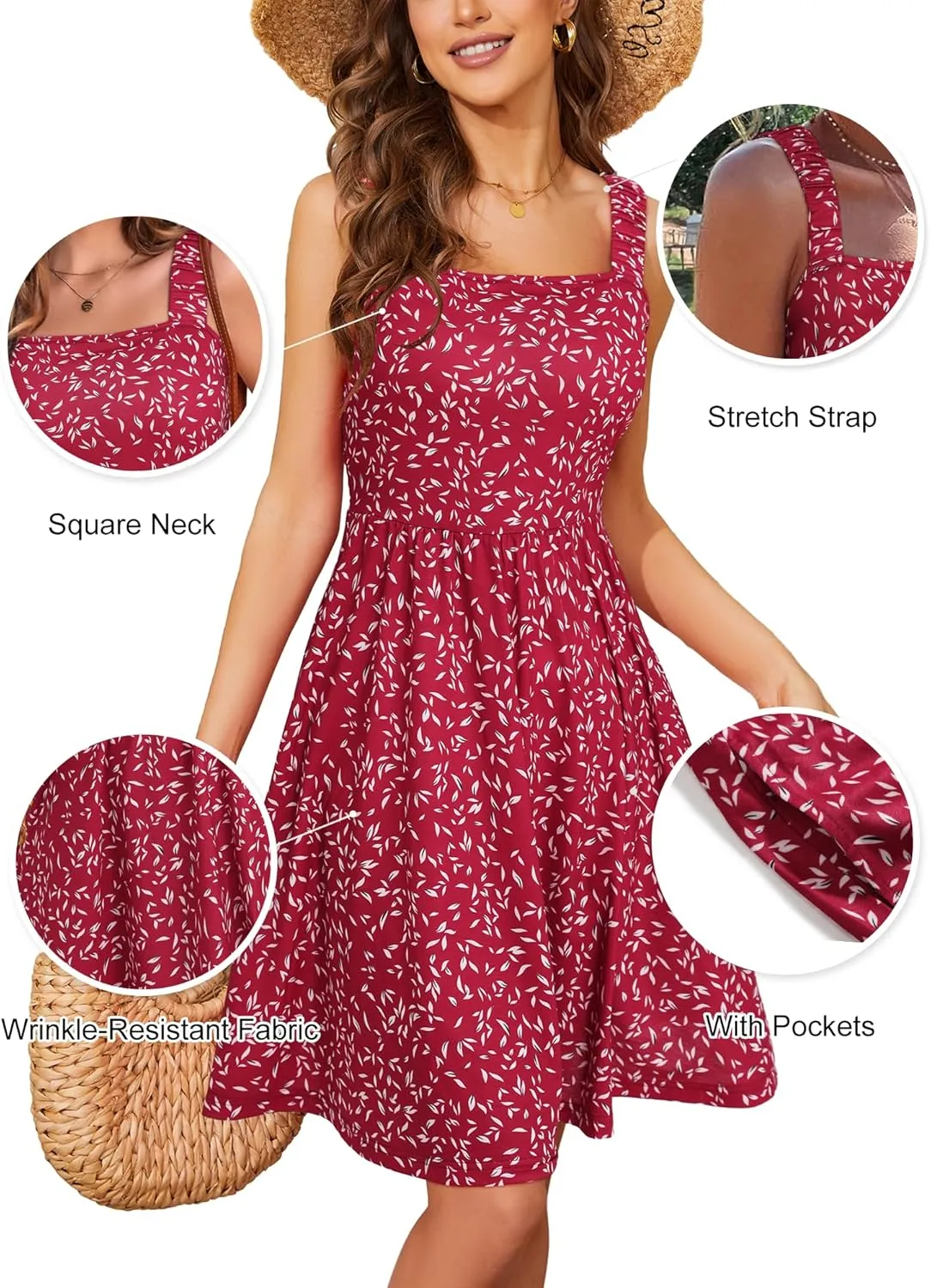 HUHOT Women's Summer Casual Square Neck Dress with Pocket Cute Sleeveless High Waist A-line Sundress Midi Dresses
