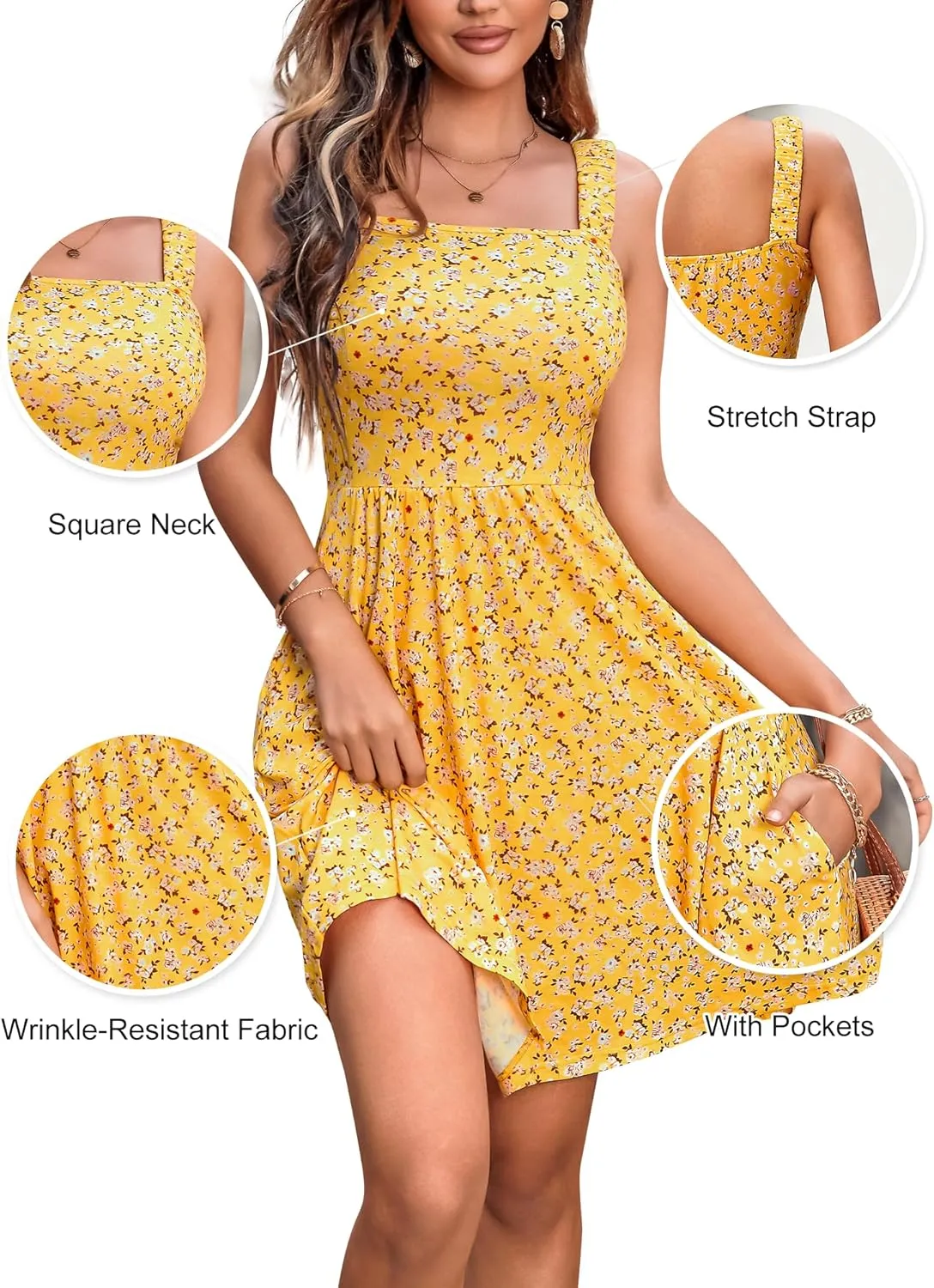 HUHOT Women's Summer Casual Square Neck Dress with Pocket Cute Sleeveless High Waist A-line Sundress Midi Dresses