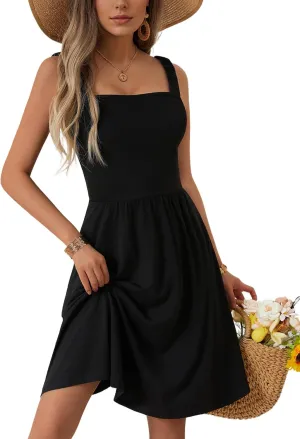 HUHOT Women's Summer Casual Square Neck Dress with Pocket Cute Sleeveless High Waist A-line Sundress Midi Dresses