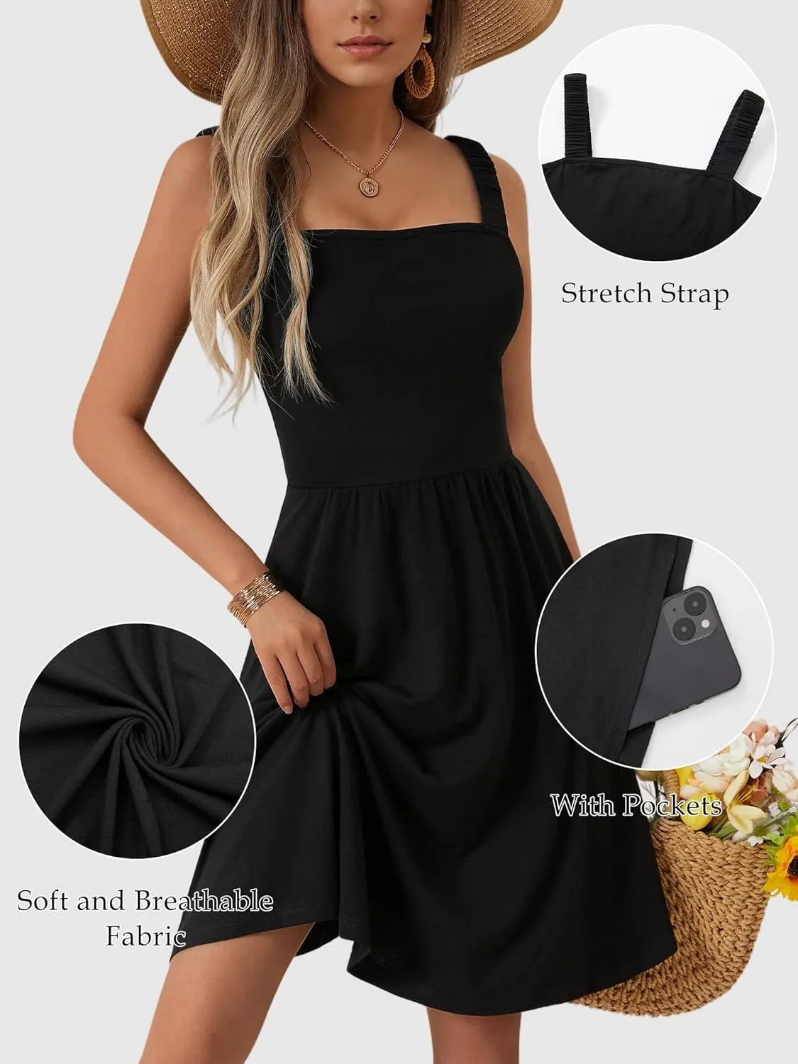 HUHOT Women's Summer Casual Square Neck Dress with Pocket Cute Sleeveless High Waist A-line Sundress Midi Dresses