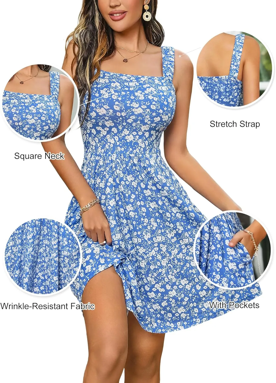 HUHOT Women's Summer Casual Square Neck Dress with Pocket Cute Sleeveless High Waist A-line Sundress Midi Dresses