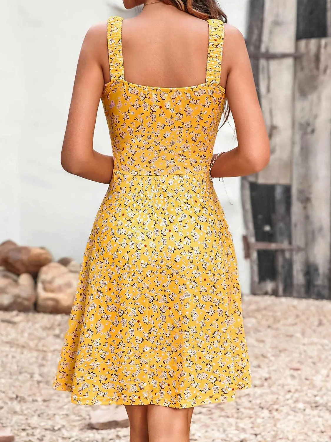 HUHOT Women's Summer Casual Square Neck Dress with Pocket Cute Sleeveless High Waist A-line Sundress Midi Dresses