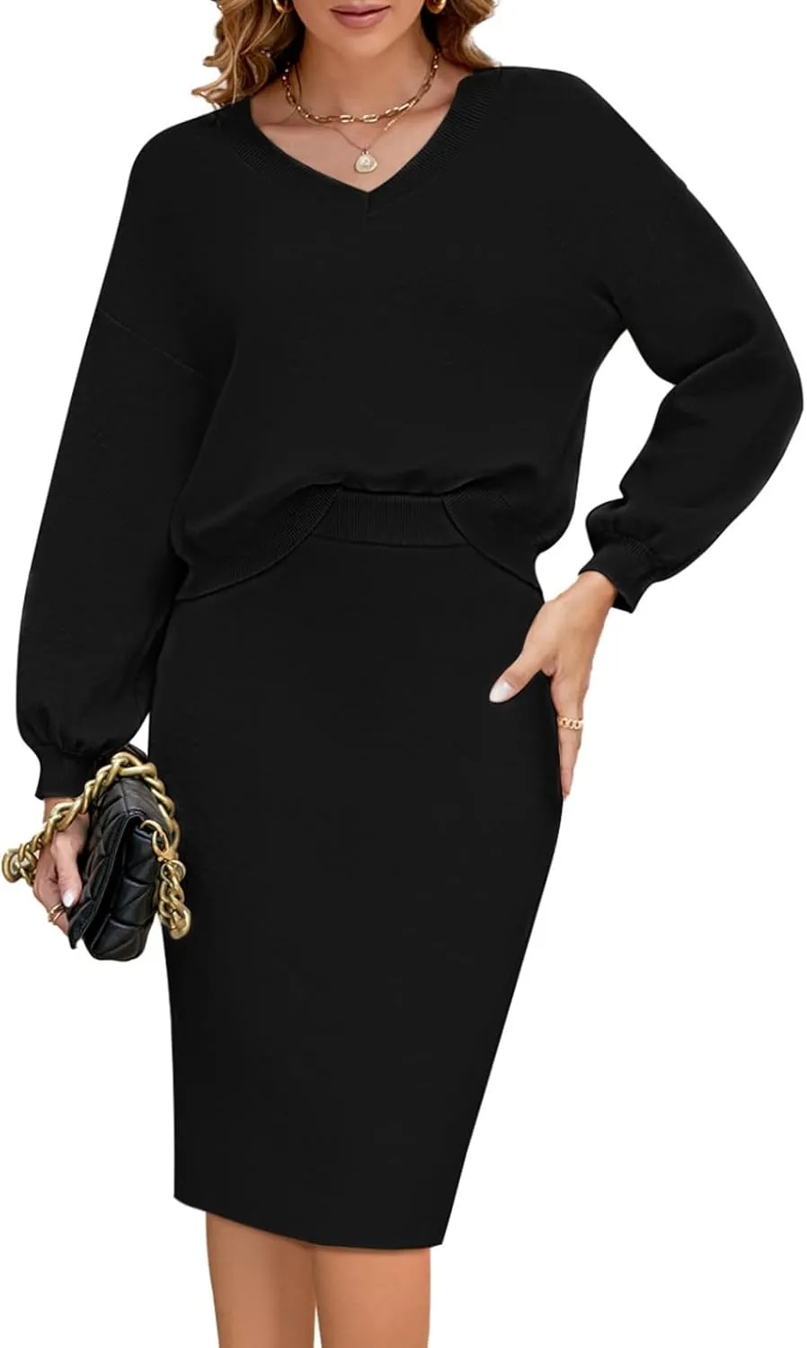 HUUSA Women 2 Piece Sweater Midi Pencil Skirt Set Fall Winter Split Dress Batwing Long Sleeve Oversized Top Casual Outfit