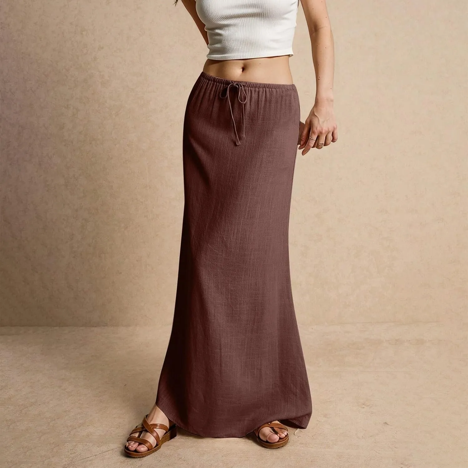 JJHAEVDY Linen Maxi Skirts for Women Trendy Summer Comfy Drawstring Waist A Line Skirts Cute Vacation Boho Long Flowy Skirts