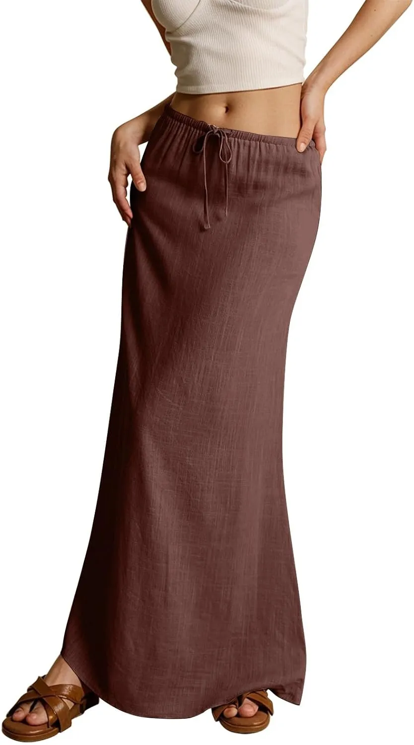 JJHAEVDY Linen Maxi Skirts for Women Trendy Summer Comfy Drawstring Waist A Line Skirts Cute Vacation Boho Long Flowy Skirts