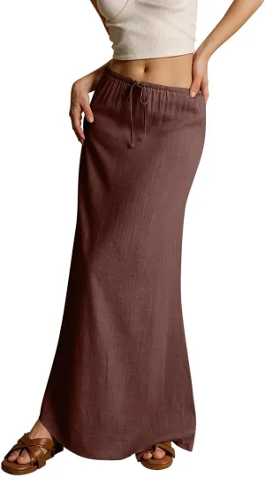 JJHAEVDY Linen Maxi Skirts for Women Trendy Summer Comfy Drawstring Waist A Line Skirts Cute Vacation Boho Long Flowy Skirts