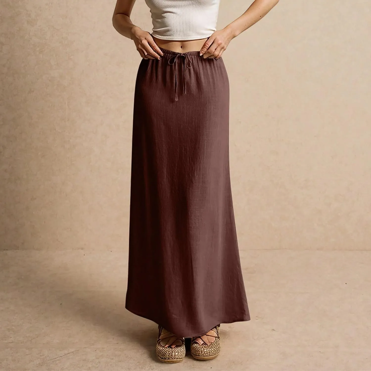 JJHAEVDY Linen Maxi Skirts for Women Trendy Summer Comfy Drawstring Waist A Line Skirts Cute Vacation Boho Long Flowy Skirts