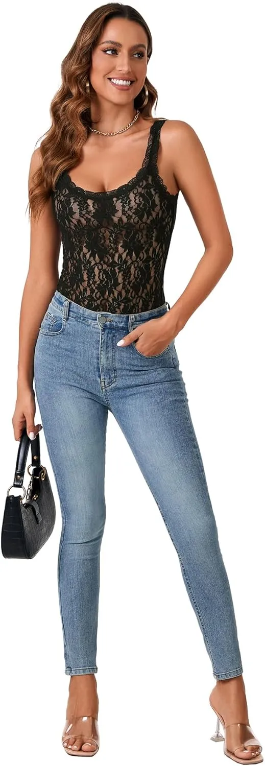KIFOVEN Women’s Flora Lace Bodysuit Sleeveless Sheer Going Out Top Sexy Teddy Lingerie Snap Crotch