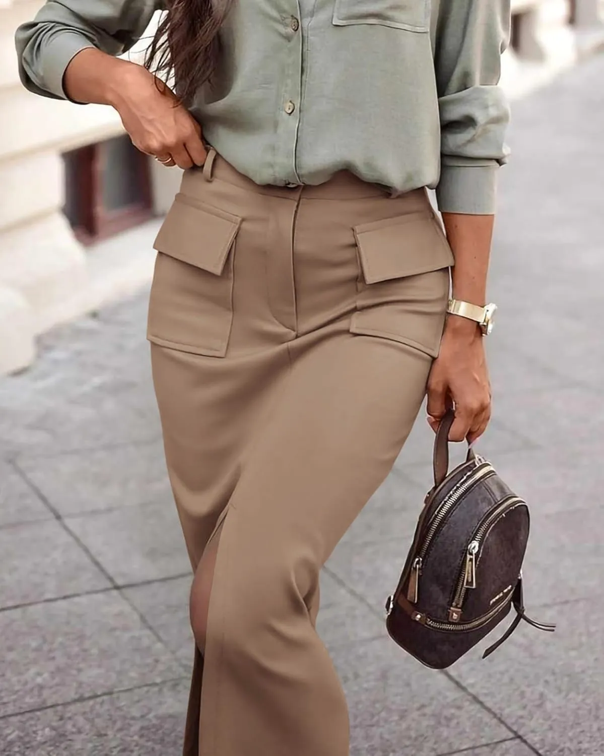 KIRUNDO Women High Waisted Cargo Midi Skirt Trendy Spring Summer Pencil Slit Dressy Casual Business Work Long Skirts