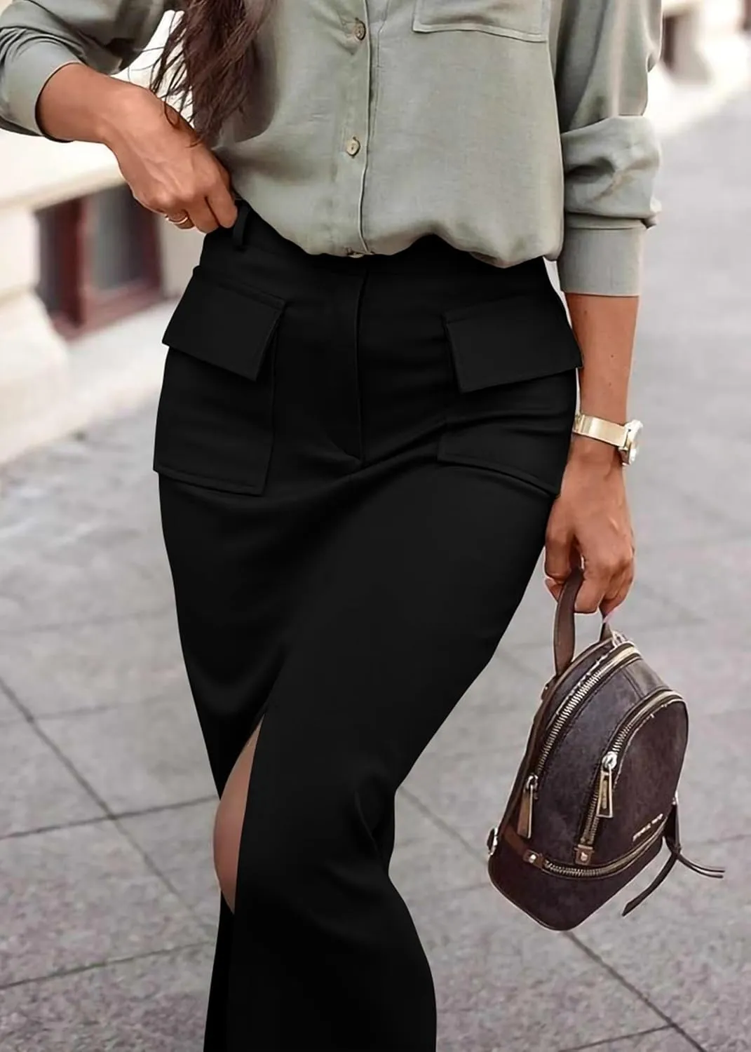 KIRUNDO Women High Waisted Cargo Midi Skirt Trendy Spring Summer Pencil Slit Dressy Casual Business Work Long Skirts