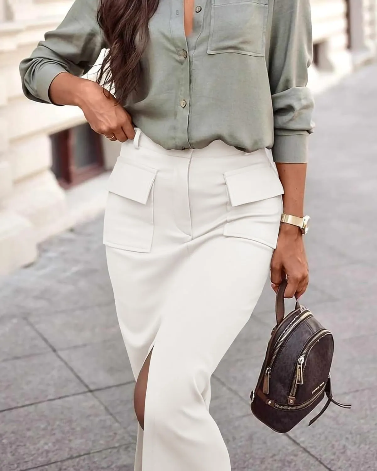 KIRUNDO Women High Waisted Cargo Midi Skirt Trendy Spring Summer Pencil Slit Dressy Casual Business Work Long Skirts