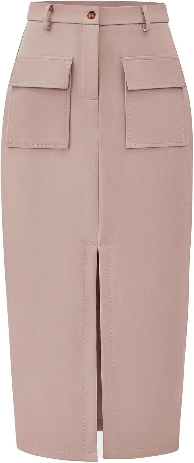 KIRUNDO Women High Waisted Cargo Midi Skirt Trendy Spring Summer Pencil Slit Dressy Casual Business Work Long Skirts