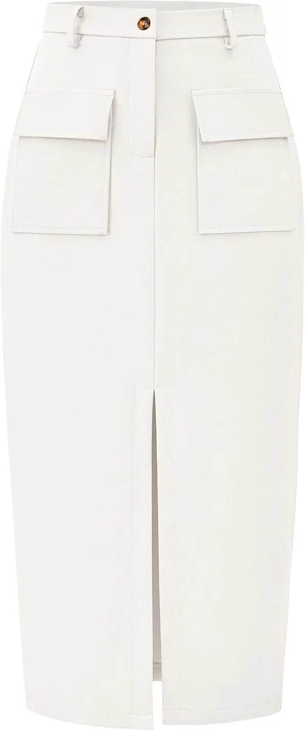 KIRUNDO Women High Waisted Cargo Midi Skirt Trendy Spring Summer Pencil Slit Dressy Casual Business Work Long Skirts