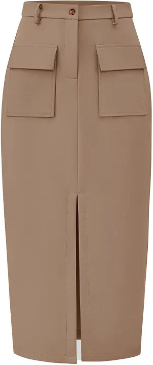 KIRUNDO Women High Waisted Cargo Midi Skirt Trendy Spring Summer Pencil Slit Dressy Casual Business Work Long Skirts
