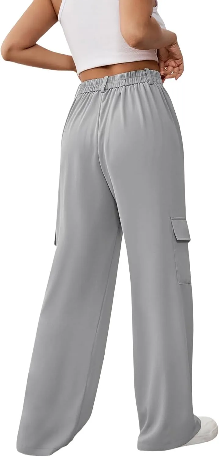 Kubbon Cargo Pants for Women High Waisted Parachute Pants Wide Straight Leg Pant Business Casual Work Trousers with Pockets