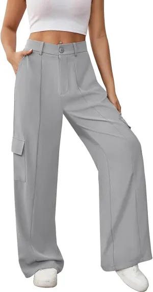 Kubbon Cargo Pants for Women High Waisted Parachute Pants Wide Straight Leg Pant Business Casual Work Trousers with Pockets