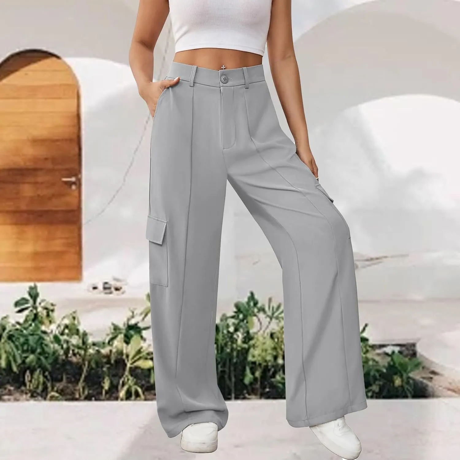 Kubbon Cargo Pants for Women High Waisted Parachute Pants Wide Straight Leg Pant Business Casual Work Trousers with Pockets