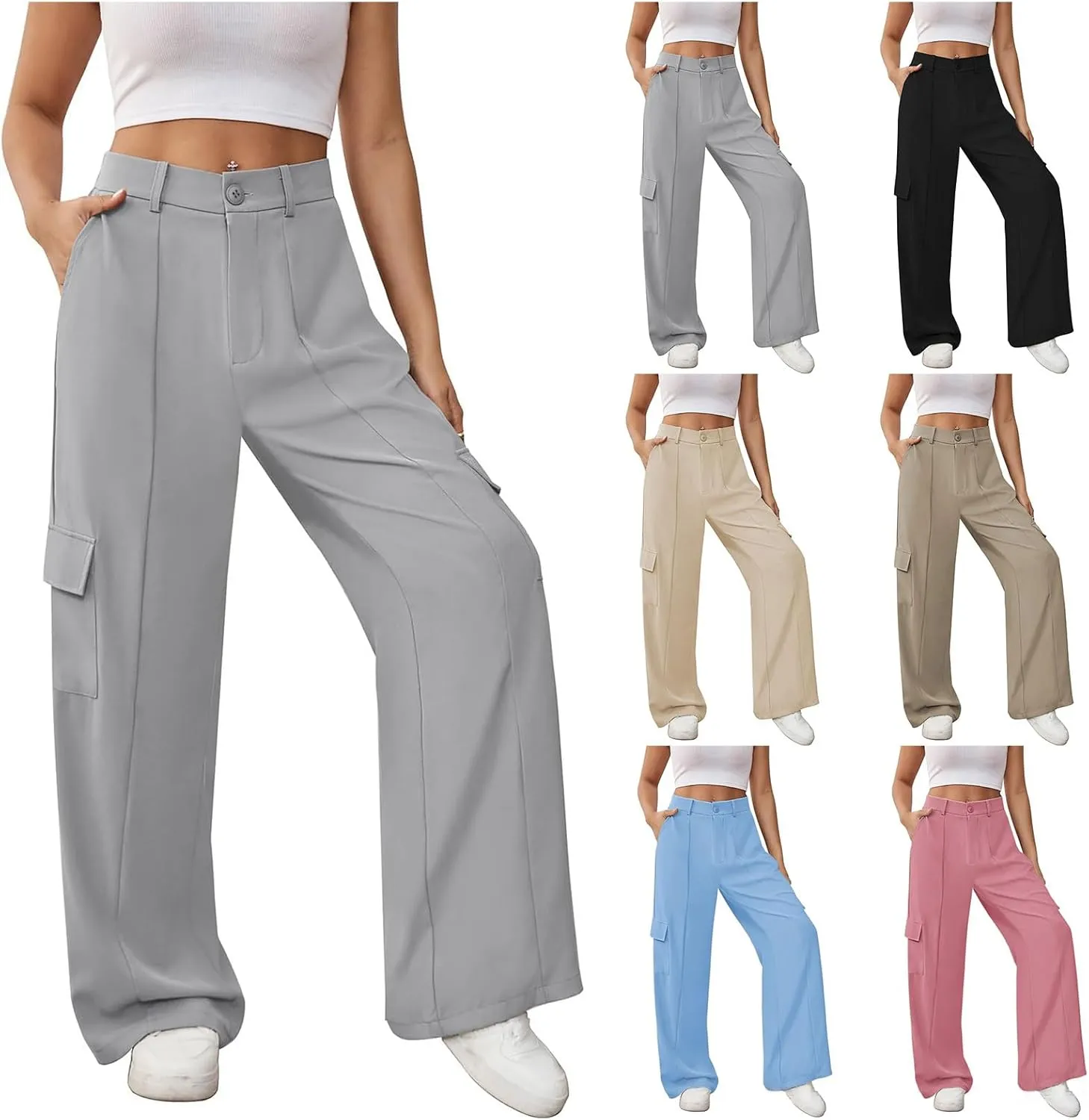 Kubbon Cargo Pants for Women High Waisted Parachute Pants Wide Straight Leg Pant Business Casual Work Trousers with Pockets