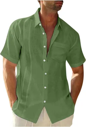 Linen Button Down Shirt Men Slim Cotton Casual Solid Color Fashion T Shirts Hawaiian Summer Beach Tees Tops 2025