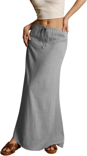 Linen Flared Maxi Skirt Elastic High Waist Drawstring Skirts Dressy Casual Flowy Ankle-Length Skirts with Back Slit