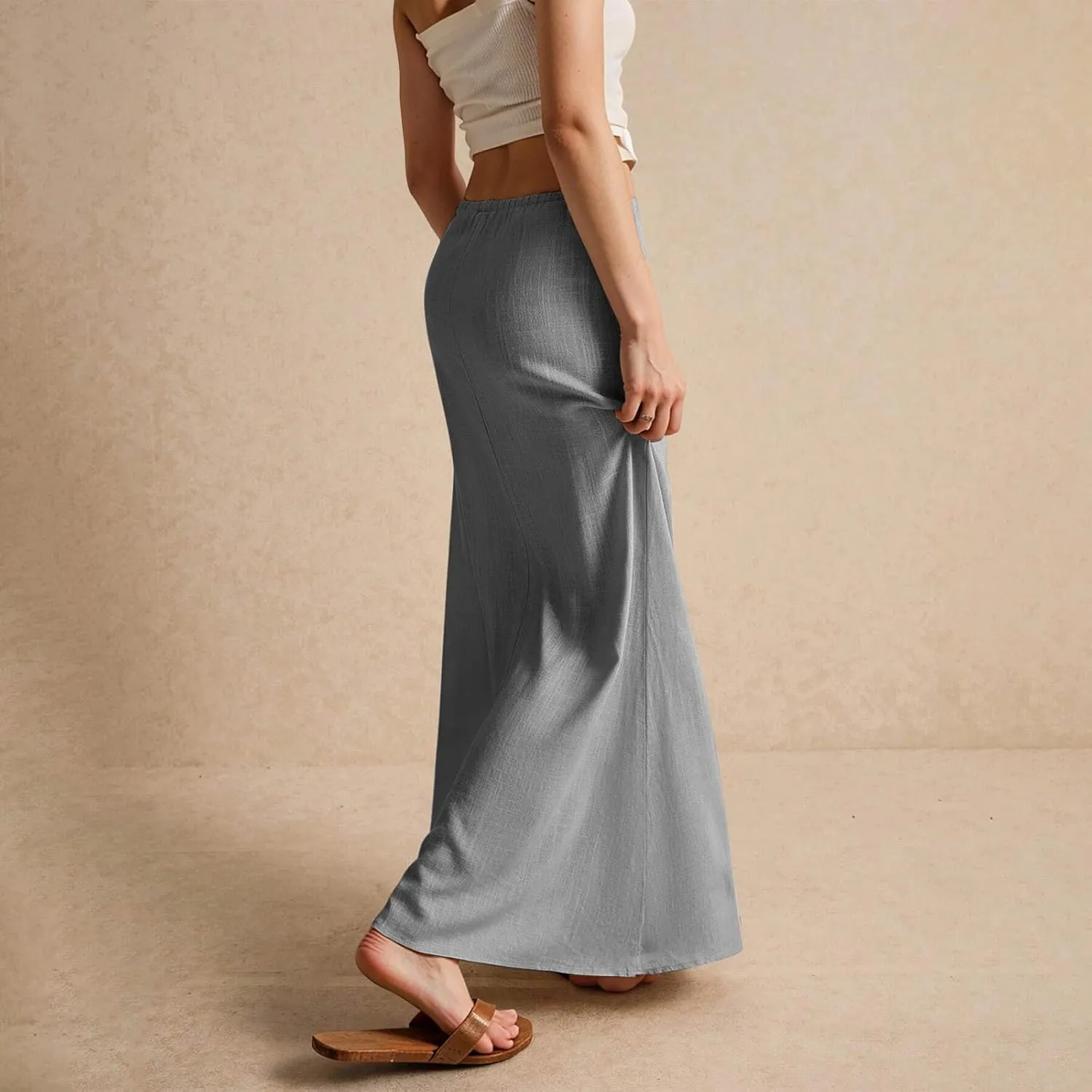 Linen Flared Maxi Skirt Elastic High Waist Drawstring Skirts Dressy Casual Flowy Ankle-Length Skirts with Back Slit